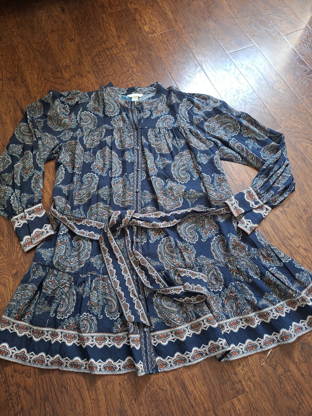 H&M Navy Paisley Print Long Sleeve Dress with Belt